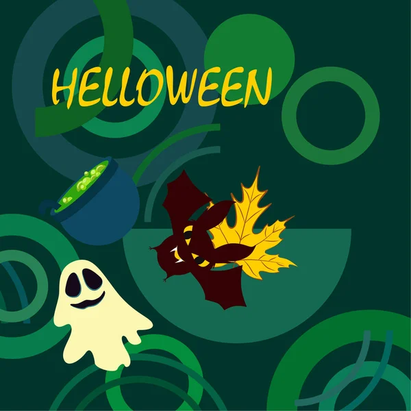 Halloween Otoño Hoja Caída Caldero Murciélago Fondo Vector Fantasma — Vector de stock