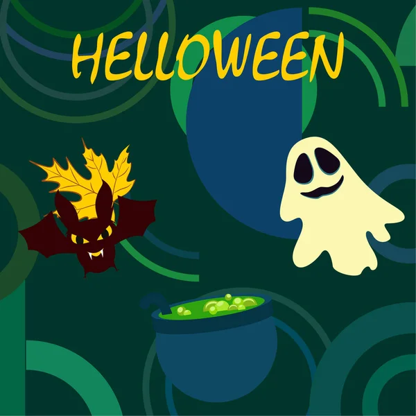 Halloween Jesień Spasionego Liścia Kociołek Bat Ghost Tło Wektor — Wektor stockowy