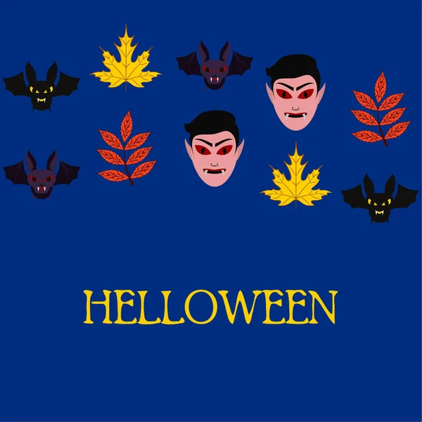 Hojas Otoño Halloween Máscaras Drácula Murciélagos — Vector de stock