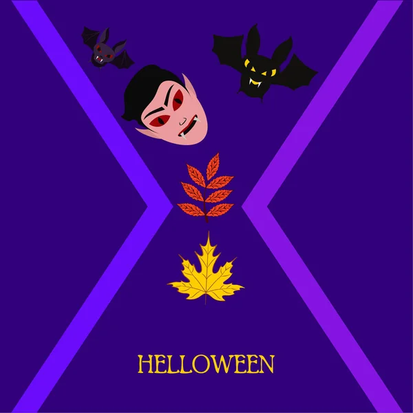 Hojas Otoño Halloween Máscara Drácula Murciélagos Vector Ilustración — Vector de stock