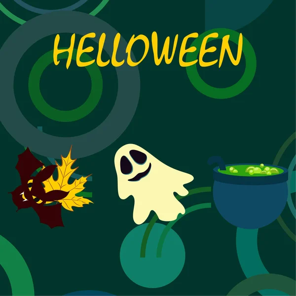 Halloween Autunno Caduto Foglia Calderone Pipistrello Sfondo Vettore Fantasma — Vettoriale Stock