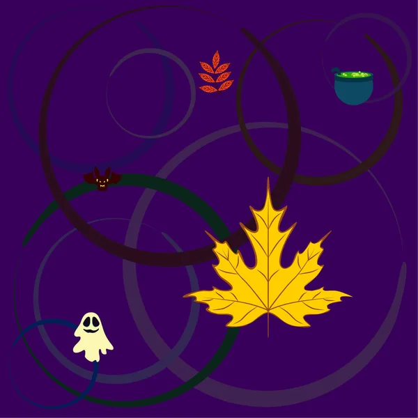 Fondo Otoño Halloween Con Hojas Caldero Murciélago Fondo Vector Fantasma — Archivo Imágenes Vectoriales