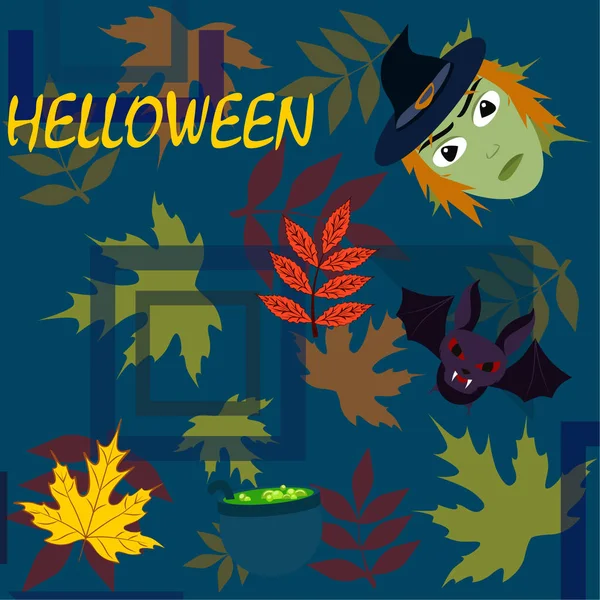 Хэллоуин Осенью Опавшие Листья Ведьма Летучая Мышь Трава Векторного Фона — стоковый вектор