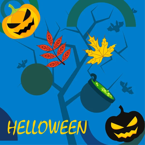 Podzimní Halloween Dýně Spadané Listí Čarodějnice Kotel Vektorové Pozadí — Stockový vektor