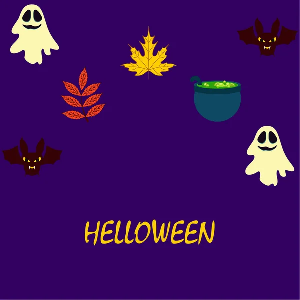 Halloween Autumn Background Leaves Cauldrons Bats Ghosts Vector Background — Stock Vector