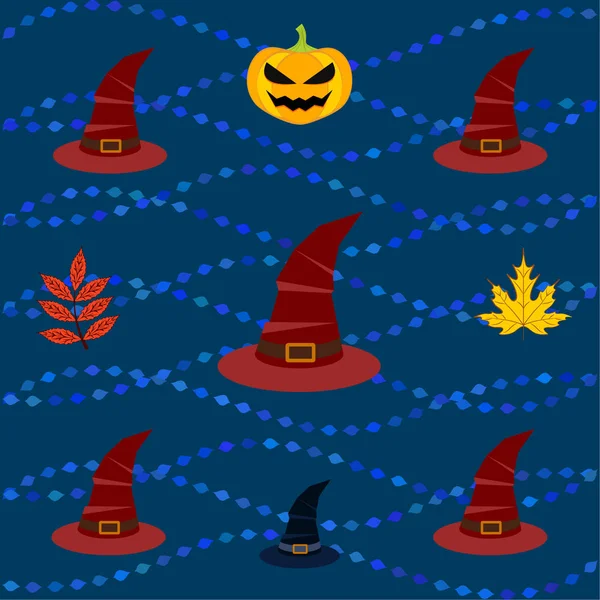 Fondo Otoño Halloween Con Calabaza Hojas Caídas Sombreros — Archivo Imágenes Vectoriales