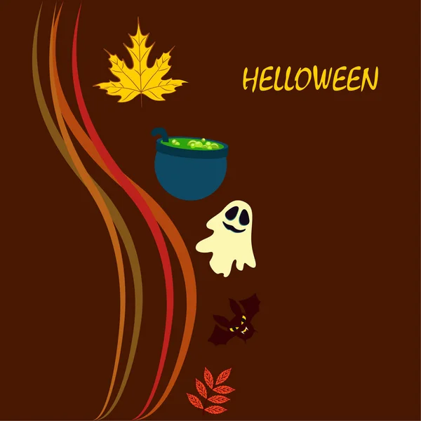 Halloween Autunno Foglie Cadute Calderone Pipistrello Sfondo Vettore Fantasma — Vettoriale Stock