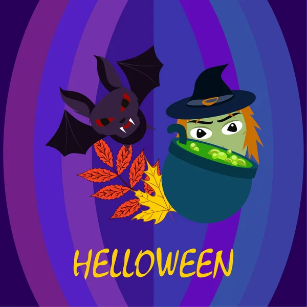 Halloween Herbst Gefallene Blätter Hexe Fledermaus Topfvektor Hintergrund — Stockvektor