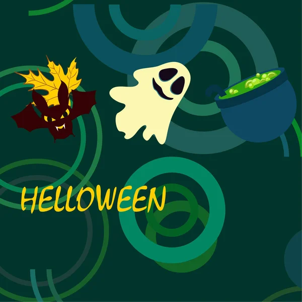 Halloween Autumn Fallen Leaf Cauldron Bat Ghost Vector Background — Stock Vector