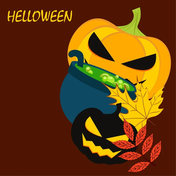 Calabazas Otoño Halloween Hojas Caídas Ilustración Vector Caldero Bruja — Vector de stock