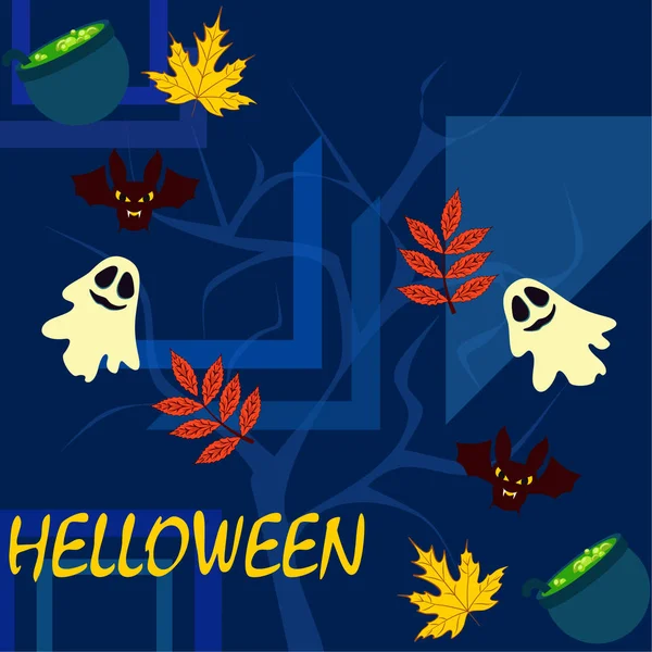 Halloween Outono Fundo Com Folhas Caldeirões Morcegos Fantasmas Vetor Fundo — Vetor de Stock