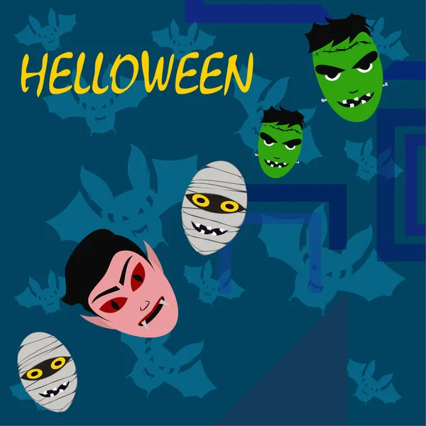 Halloween Blauer Hintergrund Mit Monstern Und Fledermäusen Vektorillustration — Stockvektor