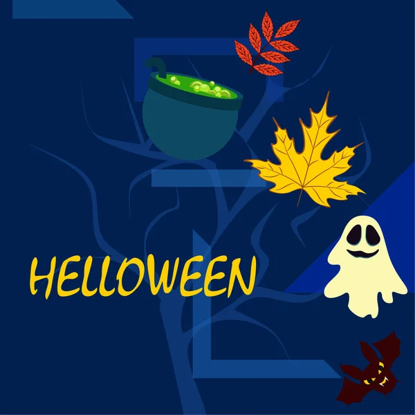 Fondo Otoño Halloween Con Caldero Murciélago Fondo Vector Fantasma — Archivo Imágenes Vectoriales