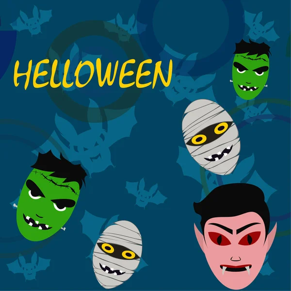Halloween Blauer Hintergrund Mit Monstern Und Fledermäusen Vektor — Stockvektor