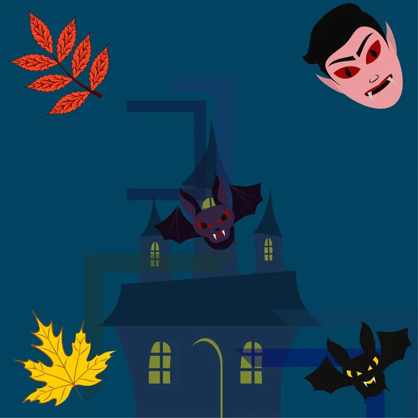 Halloween Autumn Fall Leaves Mask Dracula Bats Vector Illustration — Stock Vector