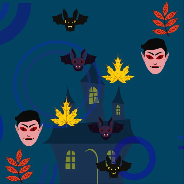 Autunno Halloween Foglie Autunno Maschere Dracula Pipistrelli Vettoriale Illustrazione — Vettoriale Stock