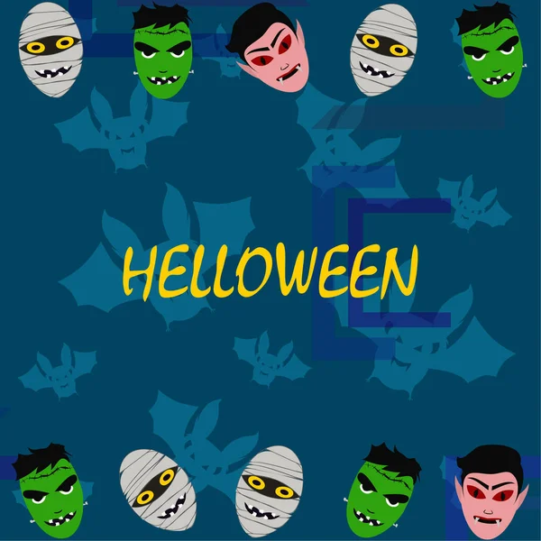 Fondo Azul Halloween Con Monstruos Ilustración Vectorial — Vector de stock