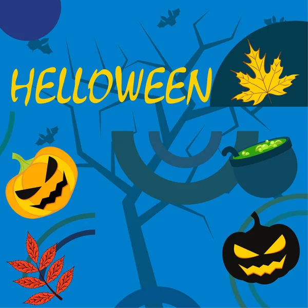 Calabazas Otoño Halloween Hojas Caídas Fondo Vector Caldero Bruja — Archivo Imágenes Vectoriales