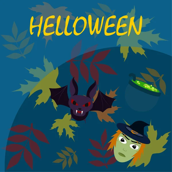 Halloween Herbst Gefallene Blätter Hexe Fledermaus Topfvektor Hintergrund — Stockvektor