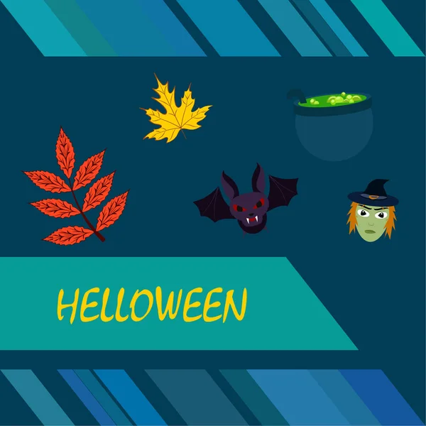 Halloween Outono Caído Folhas Bruxa Morcego Pot Vector Fundo — Vetor de Stock