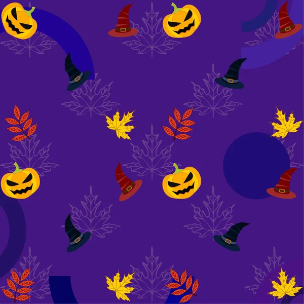 Halloween Automne Citrouilles Feuilles Tombées Chapeaux Fond Vecteur — Image vectorielle