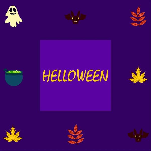 Halloween Autumn Background Leaves Cauldron Bat Ghost Vector Background — Stock Vector