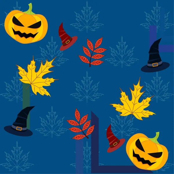 Halloween Őszi Sütőtök Lehullott Levelek Kalap Vektor Háttér — Stock Vector