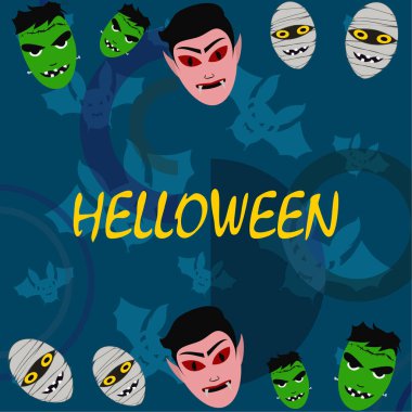 Cadılar Bayramı mavi artalanla canavarlar ve yarasalar, vektör çizim. 