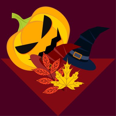 Cadılar Bayramı sonbahar kabak, düşen yapraklar, jant kapağı arka plan vektör