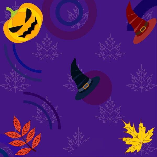 Halloween Herfst Pompoen Gevallen Bladeren Hoeden Vector Achtergrond — Stockvector