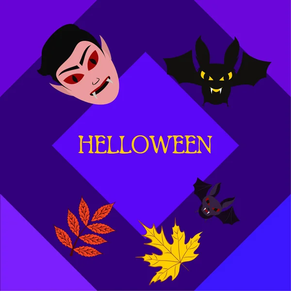 Hojas Otoño Halloween Máscara Drácula Murciélagos Vector Ilustración — Archivo Imágenes Vectoriales