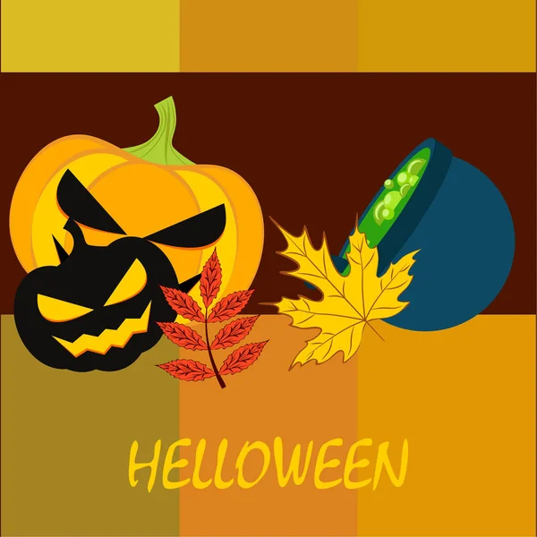 Halloween Herbstkürbisse Abgefallene Blätter Hexenkessel Vektorillustration — Stockvektor