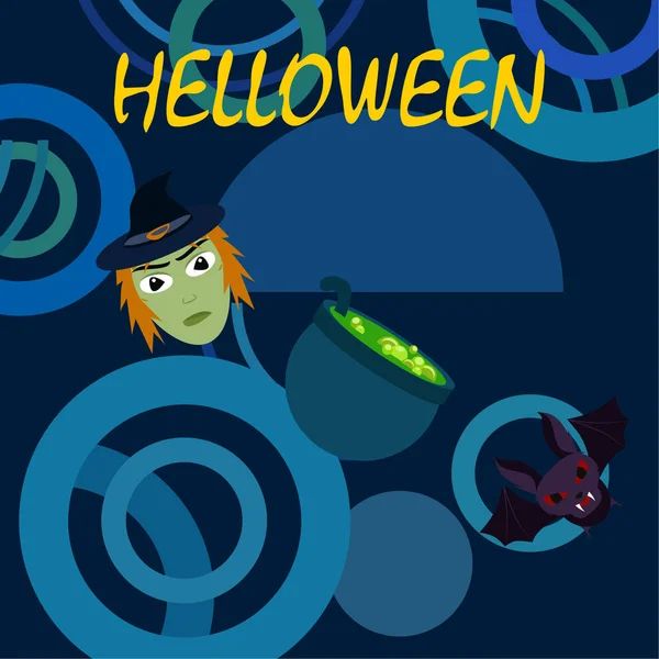 Bruja Halloween Murciélago Fondo Vector Olla — Vector de stock