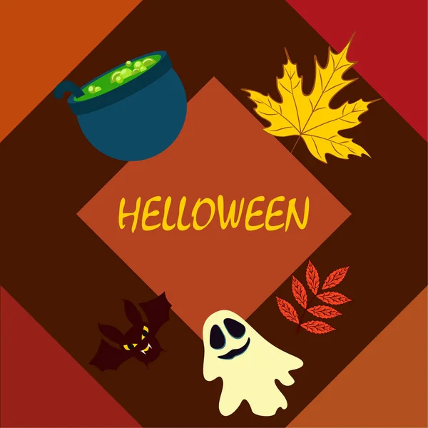 Halloween Podzimní Spadané Listí Kotel Bat Ghost Vektorové Pozadí — Stockový vektor