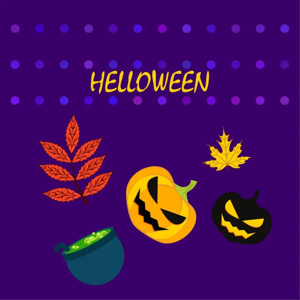 Calabazas Otoño Halloween Hojas Caídas Fondo Vector Caldero Bruja — Archivo Imágenes Vectoriales