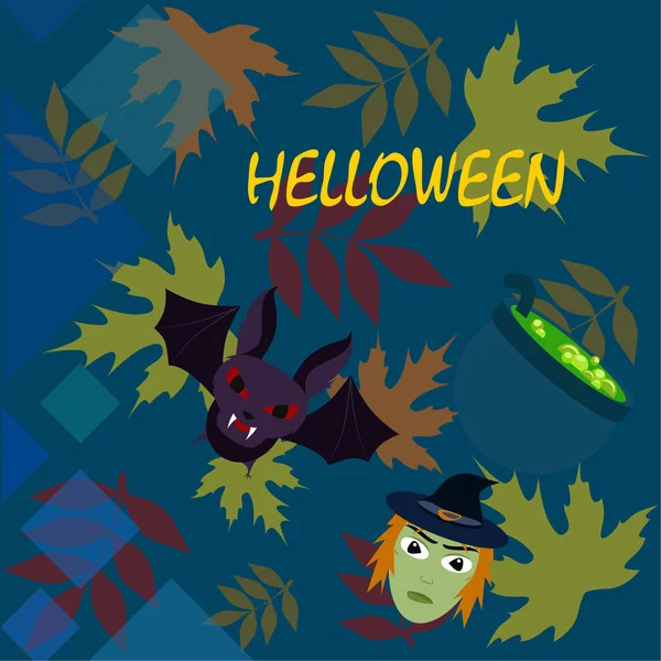 Halloween Podzimní Spadané Listí Čarodějnice Bat Hrnec Vektorové Pozadí — Stockový vektor