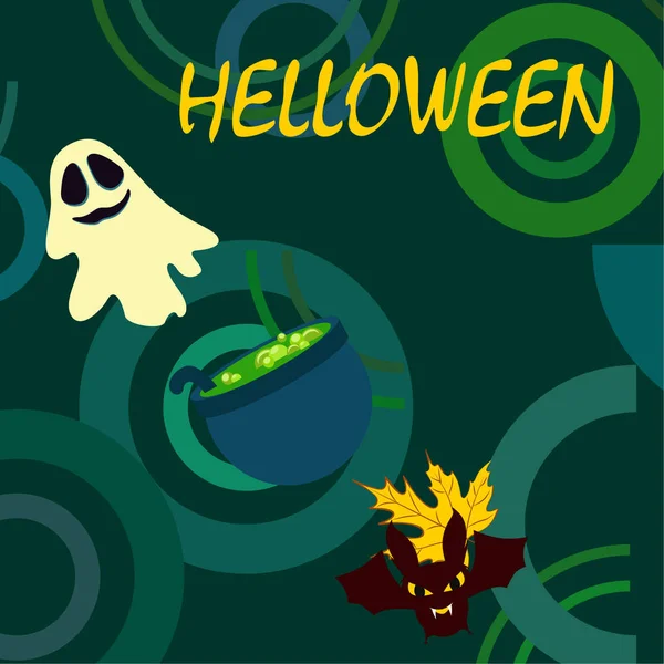 Halloween Höst Fallna Löv Kittel Bat Ghost Vector Bakgrund — Stock vektor