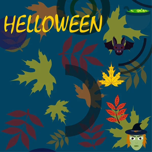 Halloween Otoño Hojas Caídas Bruja Murciélago Fondo Vector Olla — Archivo Imágenes Vectoriales