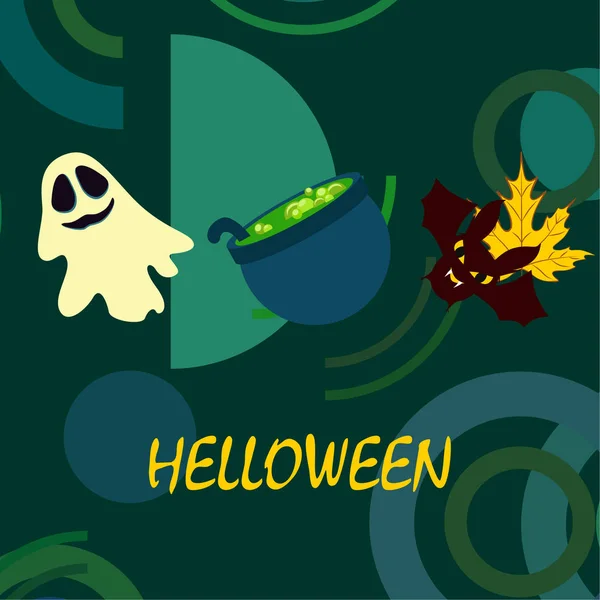 Halloween Ősszel Lehullott Levél Üst Denevér Szellem Vektor Háttér — Stock Vector