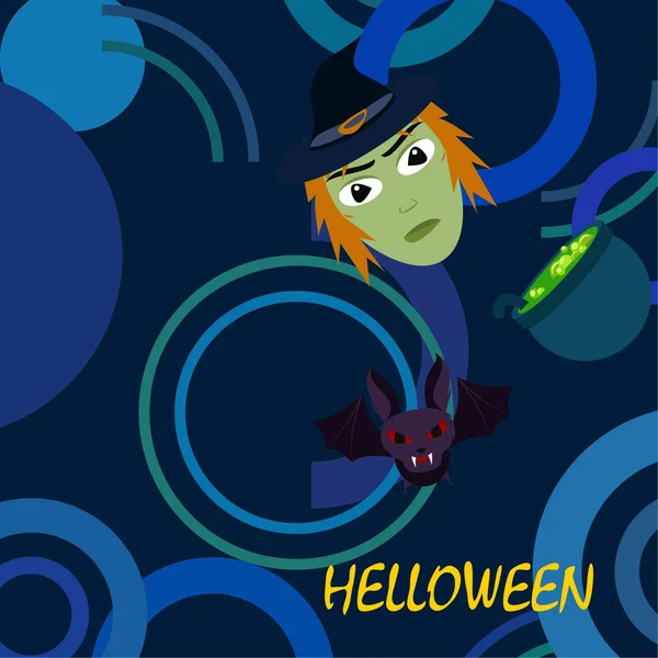 Bruja Halloween Murciélago Fondo Vector Olla — Vector de stock