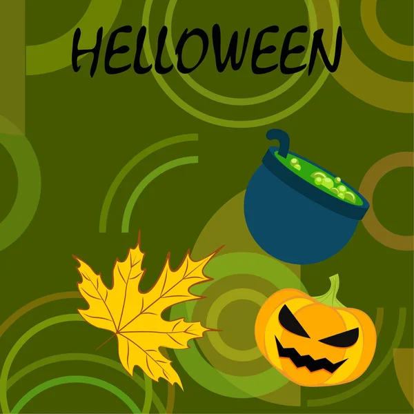 Halloween Autumn Pumpkin Fallen Leaf Witch Cauldron Vector Background — Stock Vector