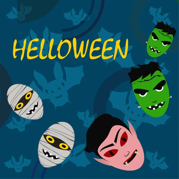 Halloween Niebieskie Tło Potworami Nietoperze Ilustracji Wektorowych — Wektor stockowy