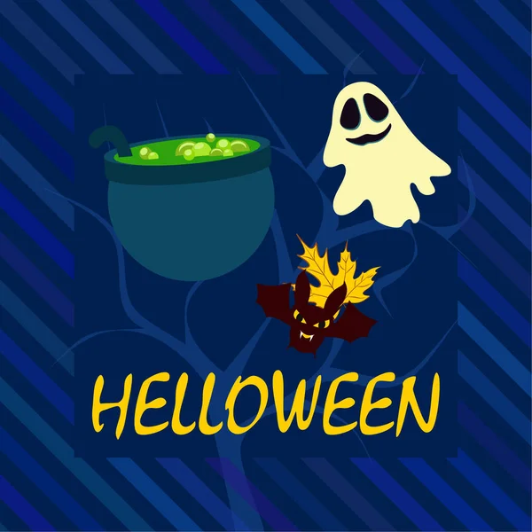 Halloween Herfst Achtergrond Met Ketel Vleermuis Ghost Vector Achtergrond — Stockvector