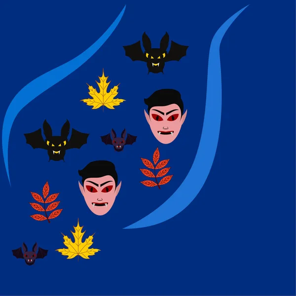 Halloween Autumn Fall Leaves Masks Dracula Bats — Stock Vector