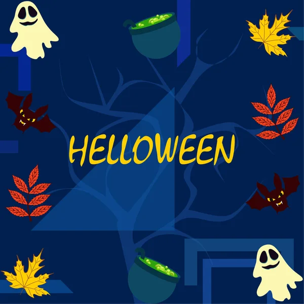 Halloween Fond Automne Avec Des Feuilles Chaudrons Chauves Souris Fantômes — Image vectorielle