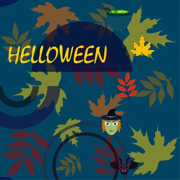 Halloween Herbst Gefallene Blätter Hexe Fledermaus Topfvektor Hintergrund — Stockvektor