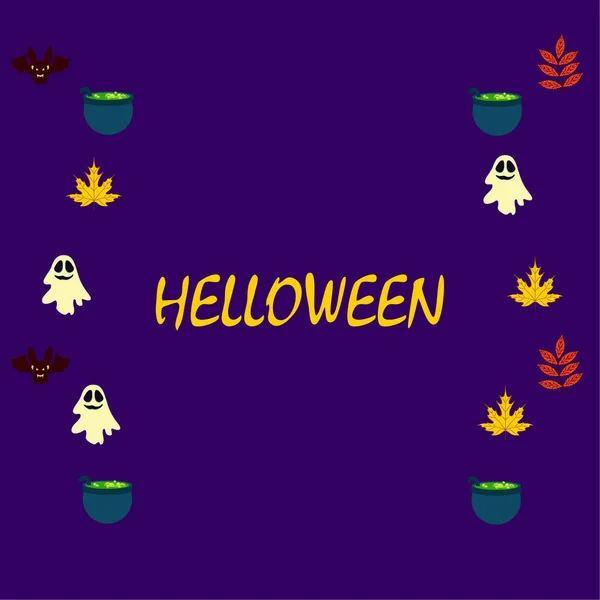 Halloween Herfst Achtergrond Met Bladeren Cauldrons Vleermuizen Spoken Vector Achtergrond — Stockvector