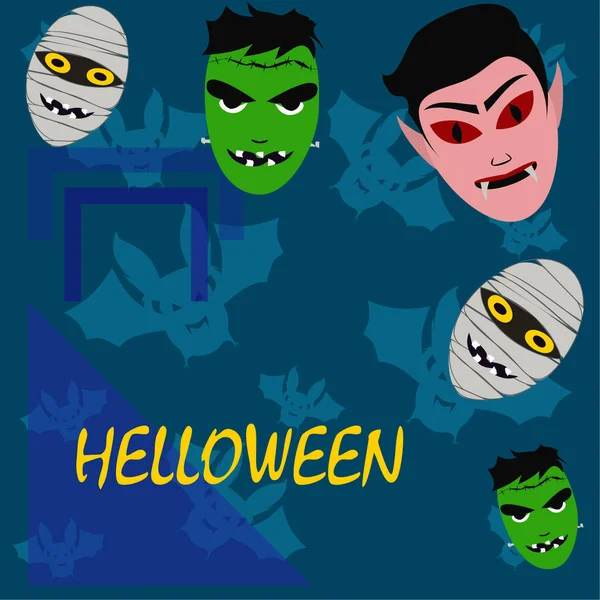 Halloween Blauer Hintergrund Mit Monstern Und Fledermäusen Vektorillustration — Stockvektor