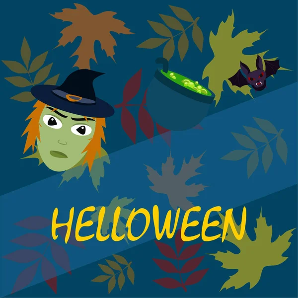 Halloween Ősszel Lehullott Levelek Boszorkány Denevér Pot Vektor Háttér — Stock Vector