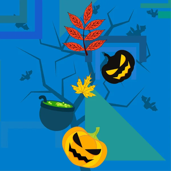 Calabazas Otoño Halloween Hojas Caídas Fondo Vector Caldero Bruja — Vector de stock